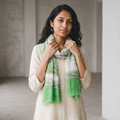 Green Pure Wool Hand Block Print Sanganeri Stole, worn by a woman, AI visual of the stole, iTokri