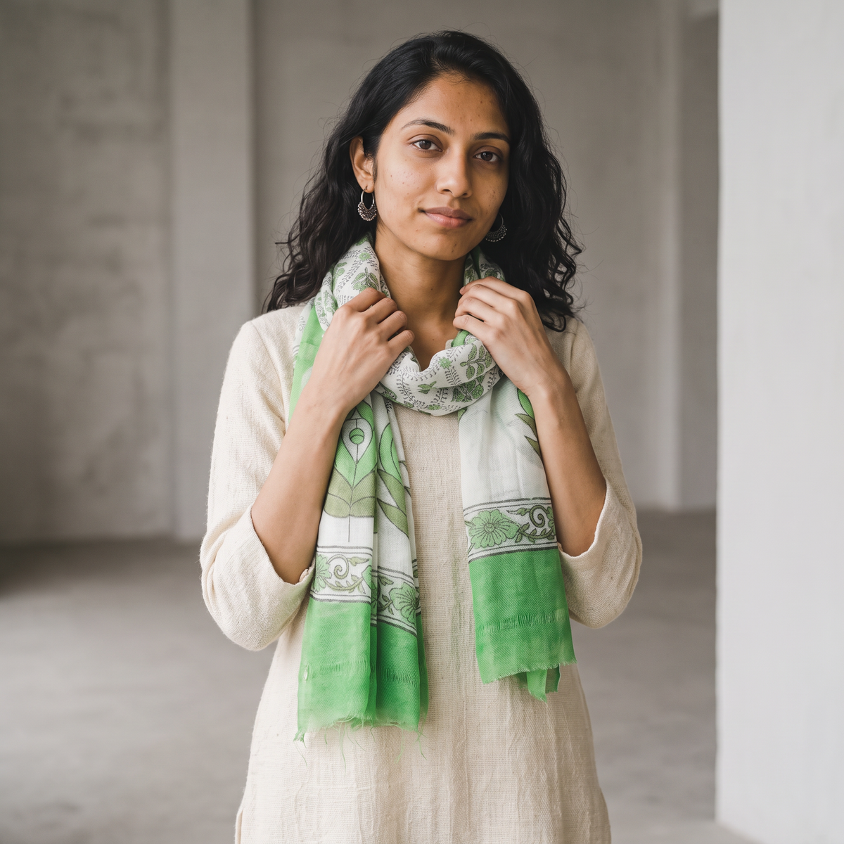 Green Pure Wool Hand Block Print Sanganeri Stole, worn by a woman, AI visual of the stole, iTokri