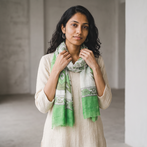 Green Pure Wool Hand Block Print Sanganeri Stole, worn by a woman, AI visual of the stole, iTokri