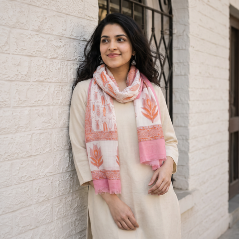 Pink Pure Wool Hand Block Print Sanganeri Stole, worn by a woman, AI visual of the stole, iTokri