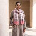 Pink Pure Wool Hand Block Print Sanganeri Stole, worn by a woman, AI visual of the stole, iTokri