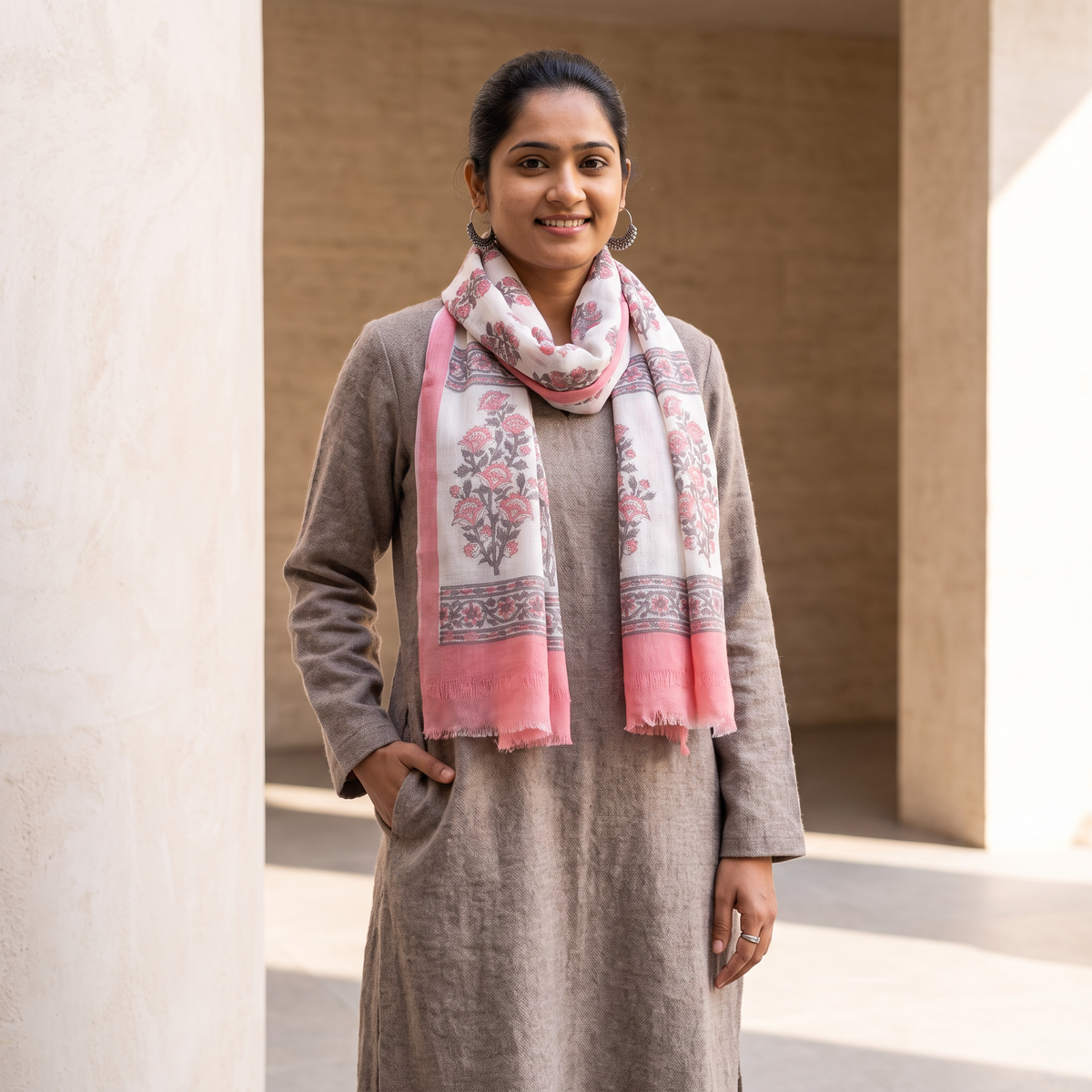 Pink Pure Wool Hand Block Print Sanganeri Stole, worn by a woman, AI visual of the stole, iTokri