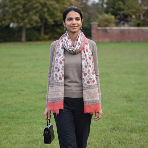 Pink Pure Wool Hand Block Print Sanganeri Stole, worn by a woman, AI visual of the stole, iTokri