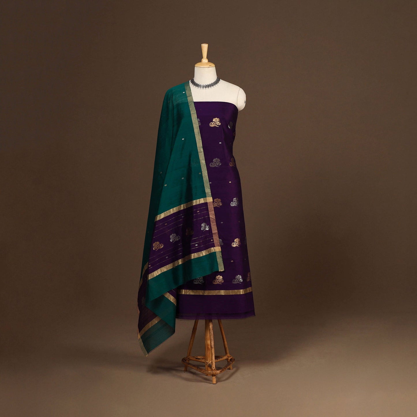 Purple - 2pc handloom zari buta unstitched chanderi silk