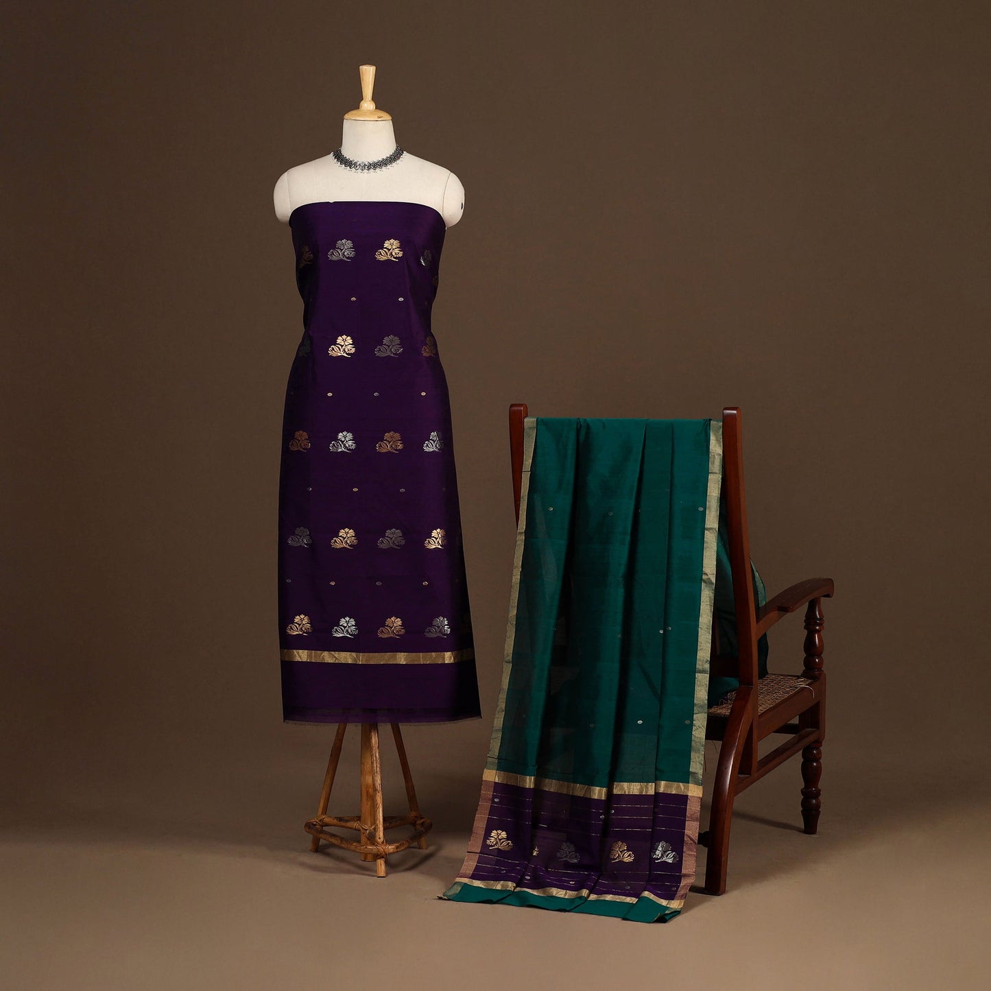 Purple - 2pc handloom zari buta unstitched chanderi silk