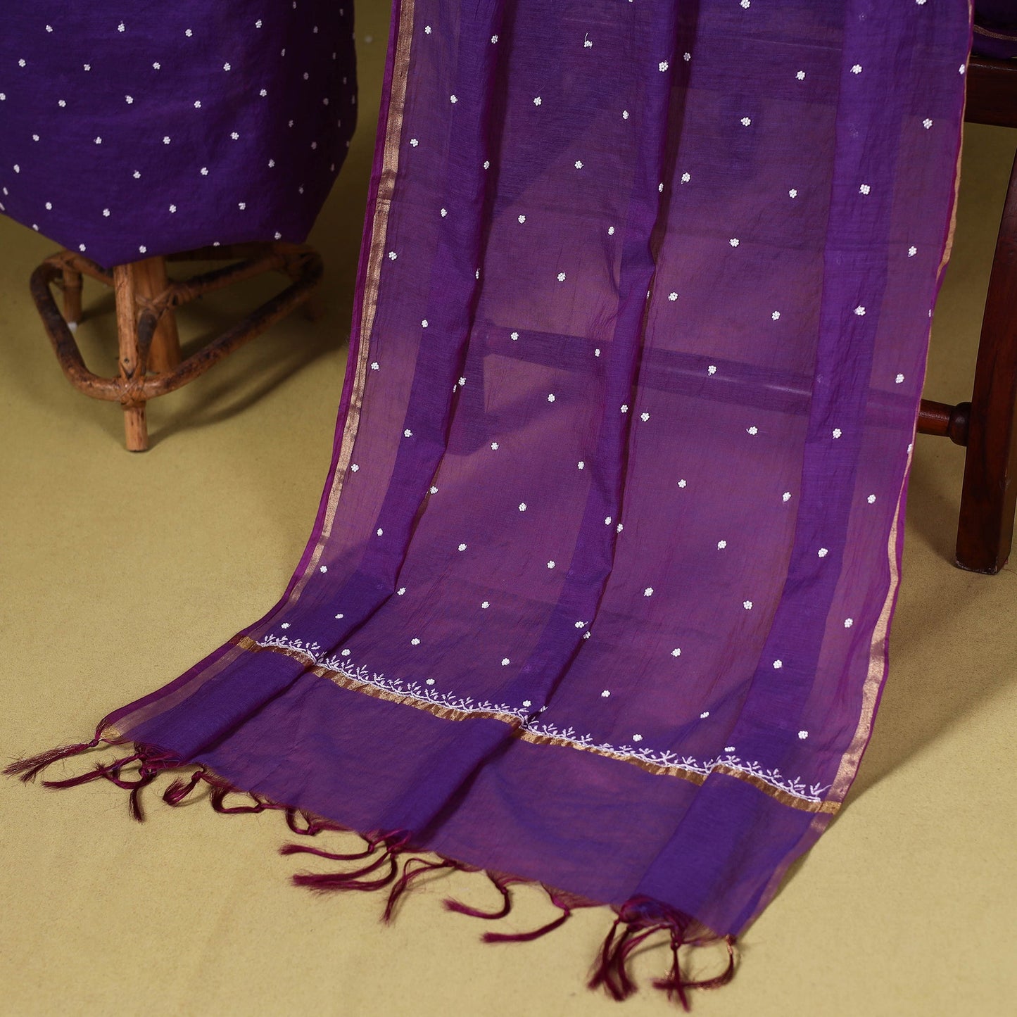 Purple 2pc Mul Chanderi Unstitched Chikankari Dress Material