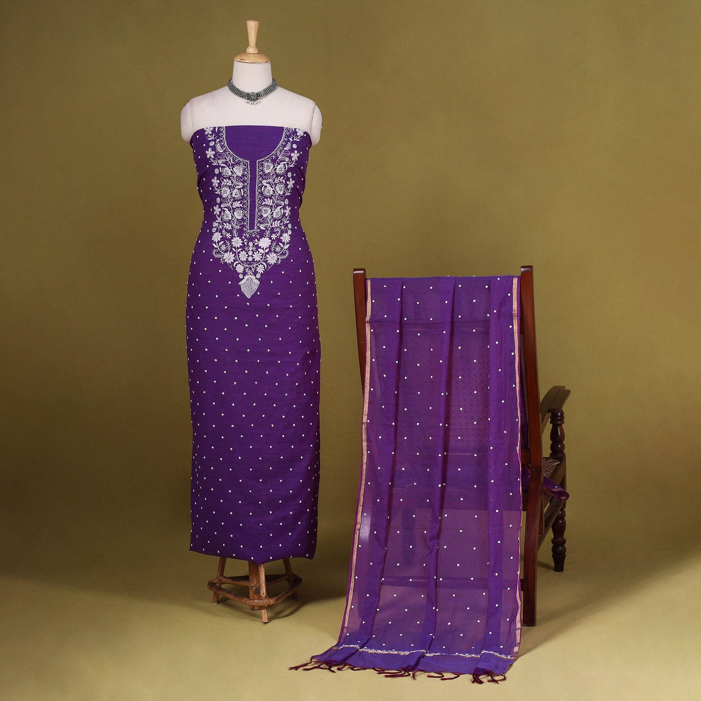 Purple 2pc Mul Chanderi Unstitched Chikankari Dress Material