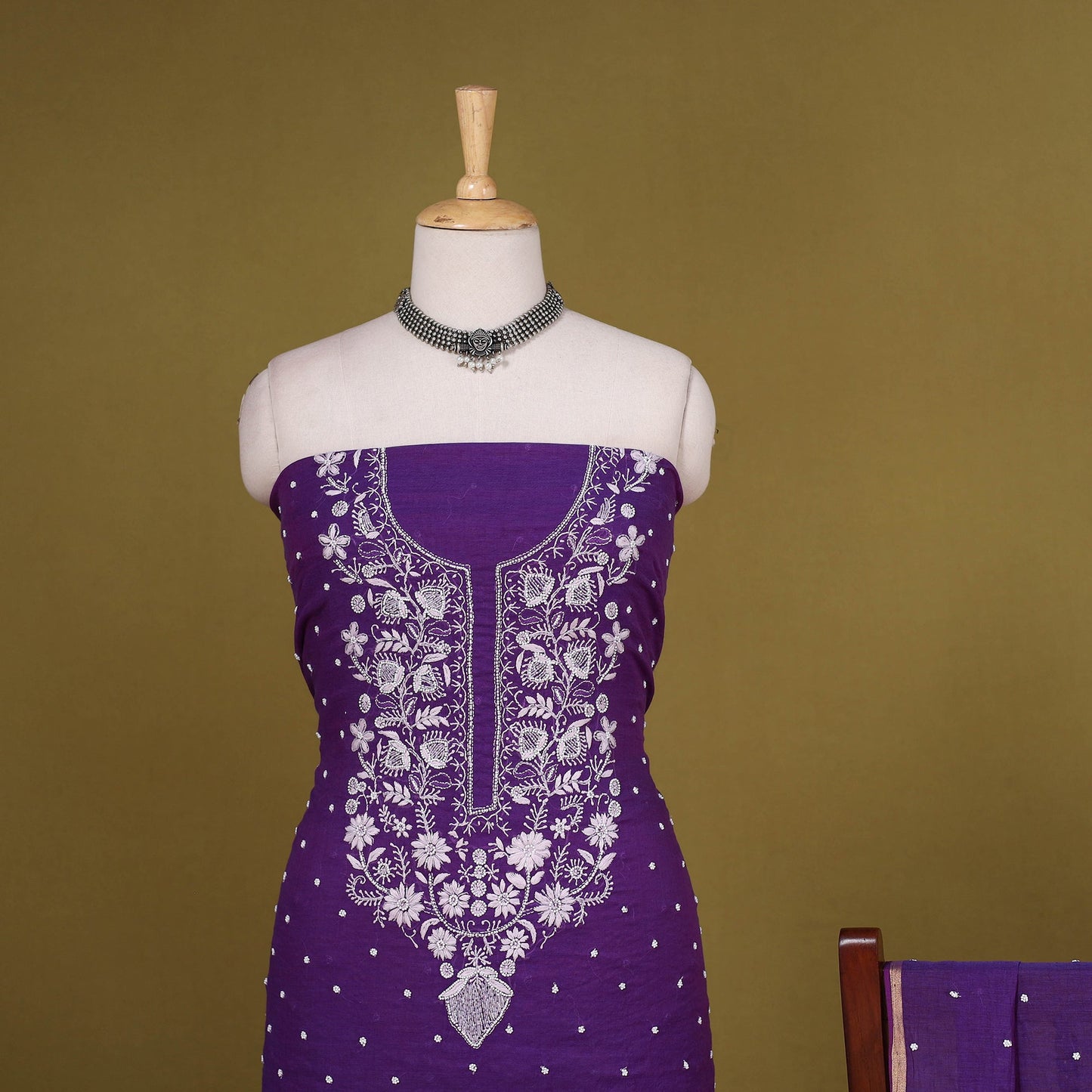 Purple 2pc Mul Chanderi Unstitched Chikankari Dress Material