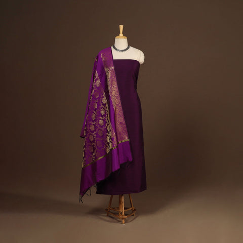 Purple - 2pc slub silk unstitched plain dress material