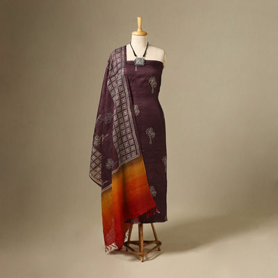 Purple 2pc Tussar Silk Handloom Block Print Dress Material