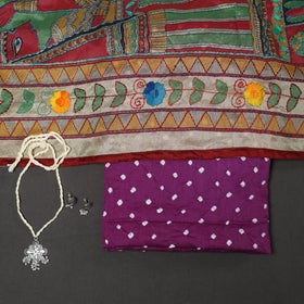 Purple 2pc Unstitched Bandhani Dress Material with Jewellery Set
