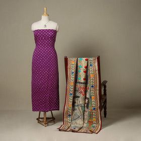 Purple 2pc Unstitched Bandhani Dress Material with Jewellery Set