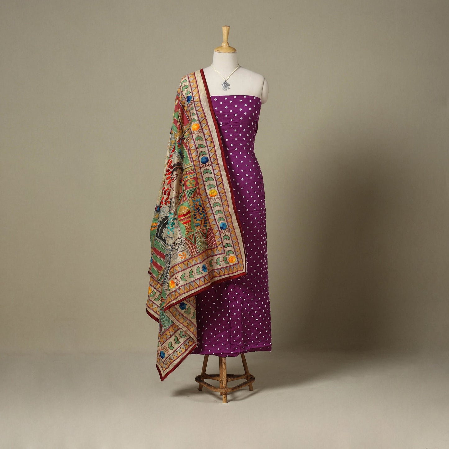 Purple 2pc Unstitched Bandhani Dress Material with Jewellery Set