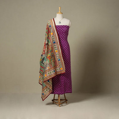 Purple 2pc Unstitched Bandhani Dress Material with Jewellery Set