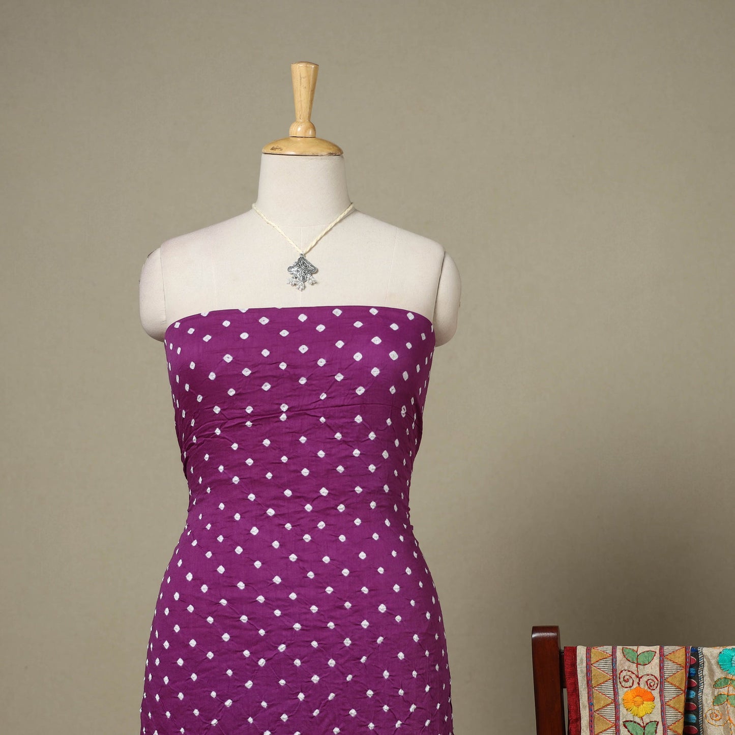 Purple 2pc Unstitched Bandhani Dress Material with Jewellery Set