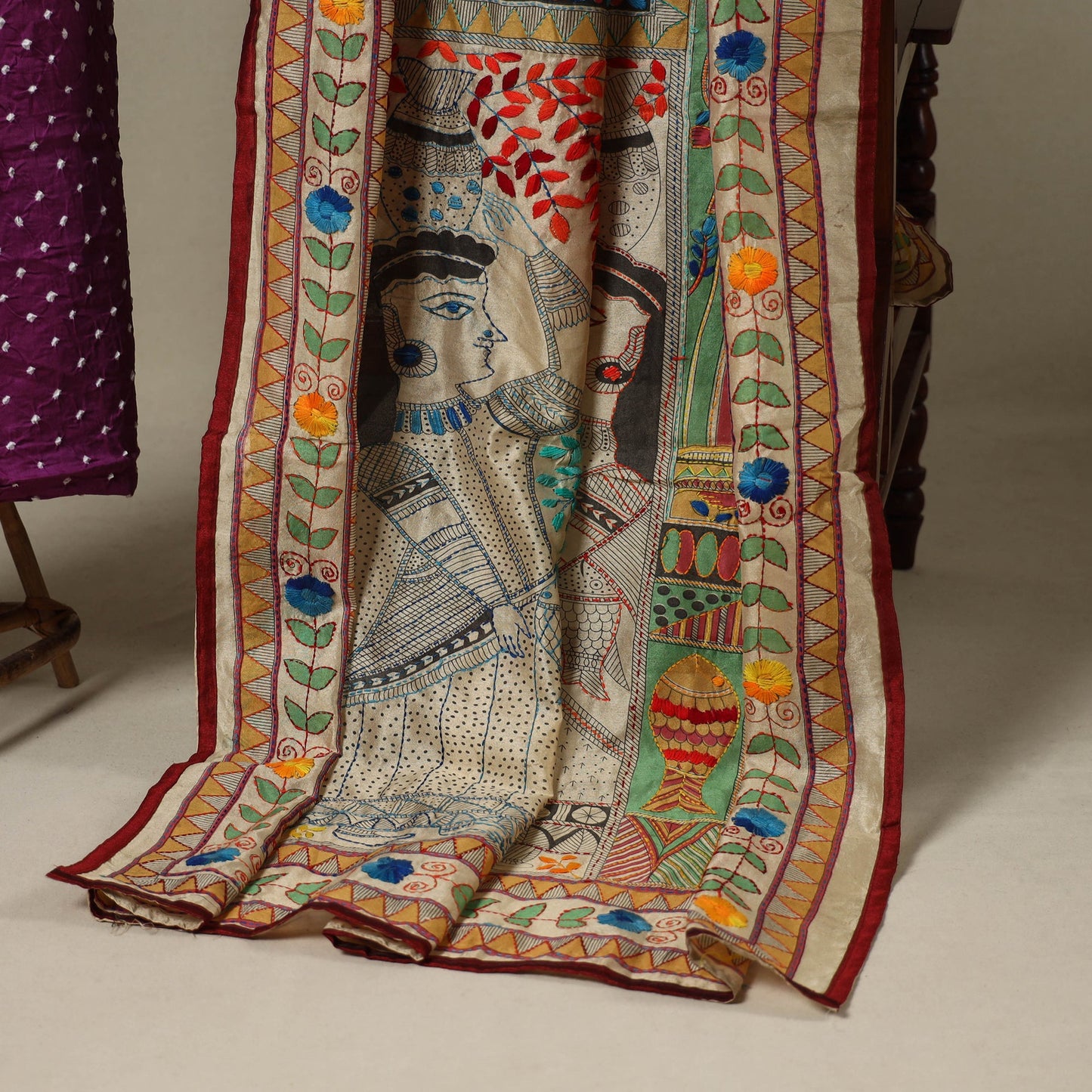 Purple 2pc Unstitched Bandhani Dress Material with Jewellery Set