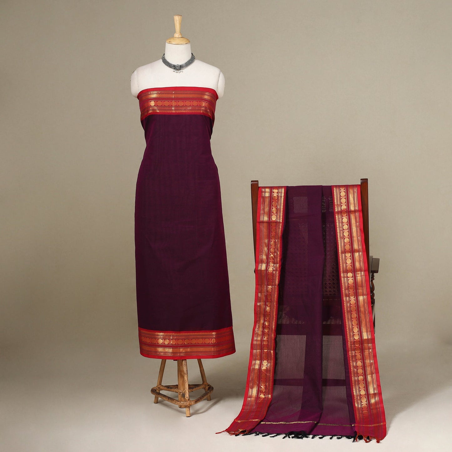 Purple - 2pc unstitched kandangi chettinad cotton dress
