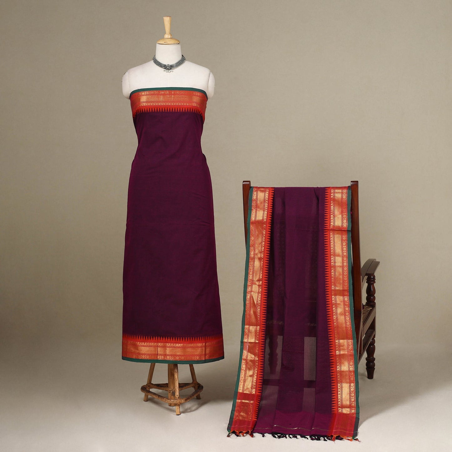 Purple - 2pc unstitched kandangi chettinad cotton dress