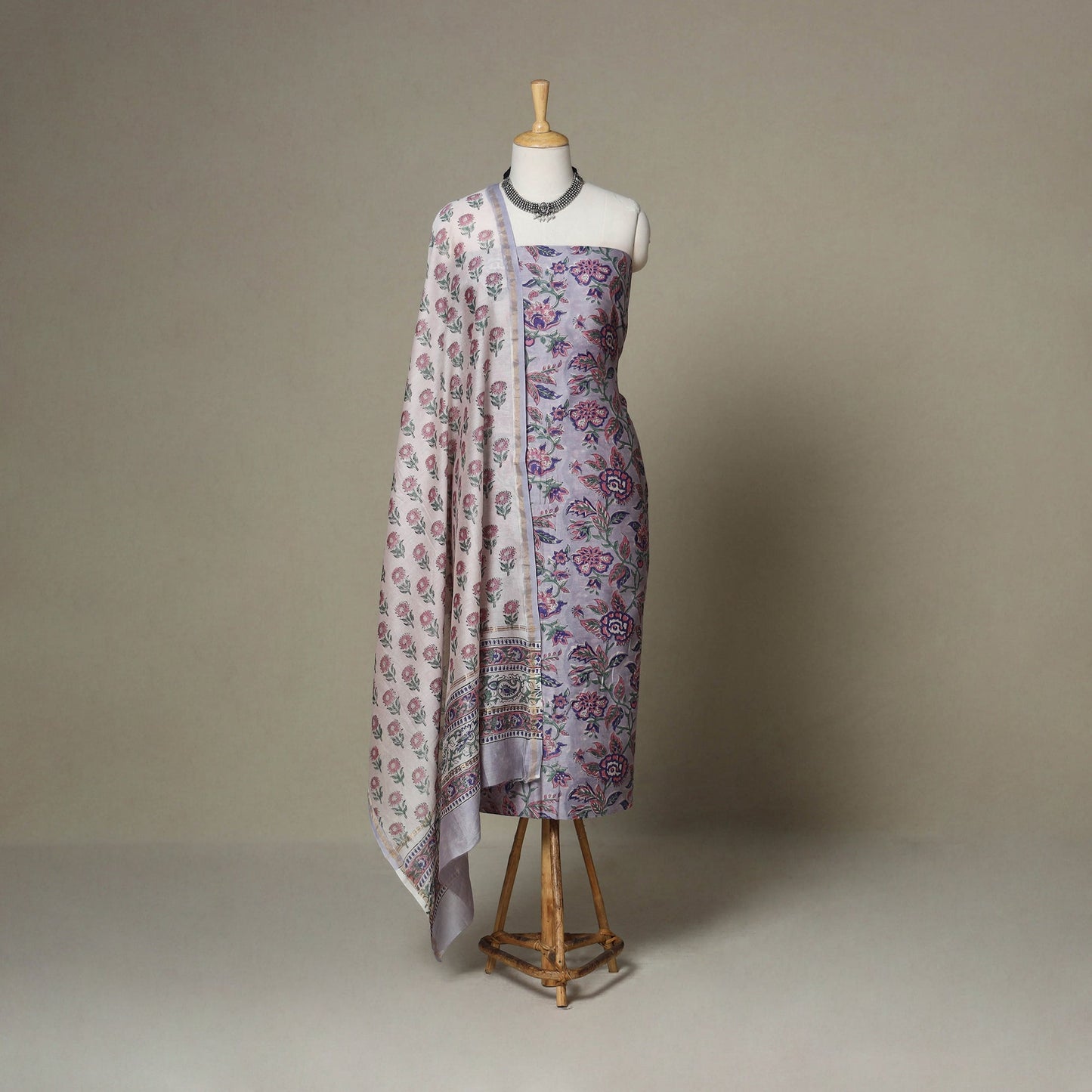 Purple - 3pc chanderi silk unstitched sanganeri dress