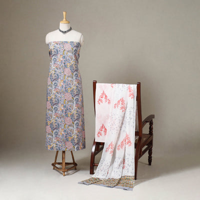 Purple 3pc Block Print Cotton Sanganeri Dress Material