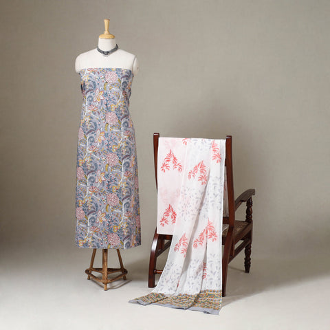 Purple 3pc Block Print Cotton Sanganeri Dress Material