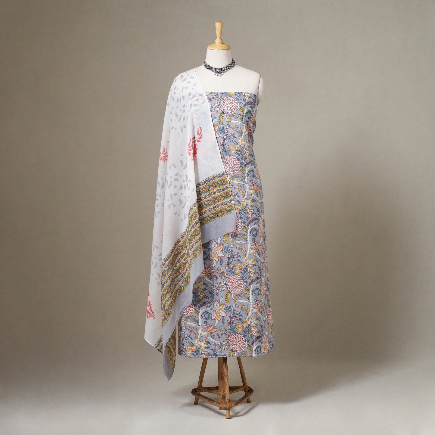 Purple 3pc Block Print Cotton Sanganeri Dress Material