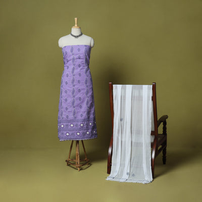 Purple - 3pc hand embroidery cotton lucknow chikankari