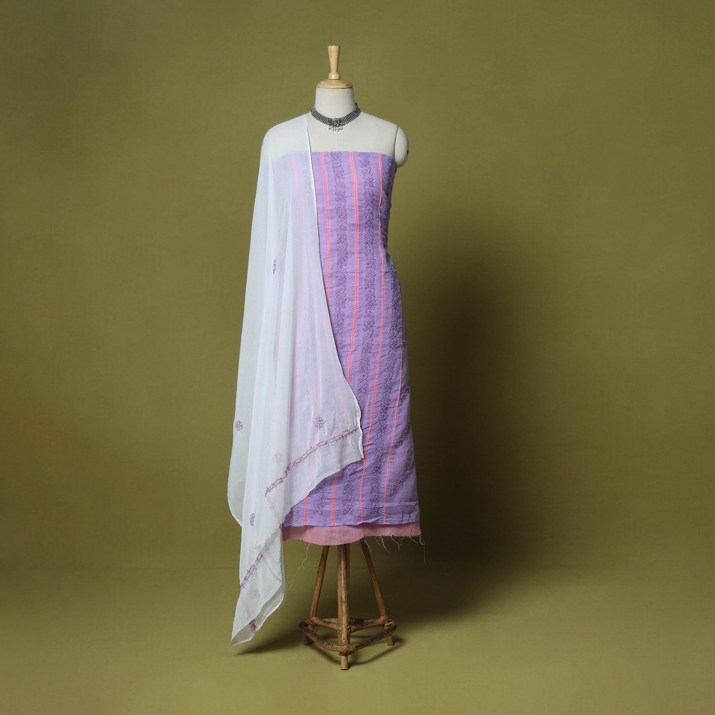 Purple - 3pc hand embroidery cotton lucknow chikankari