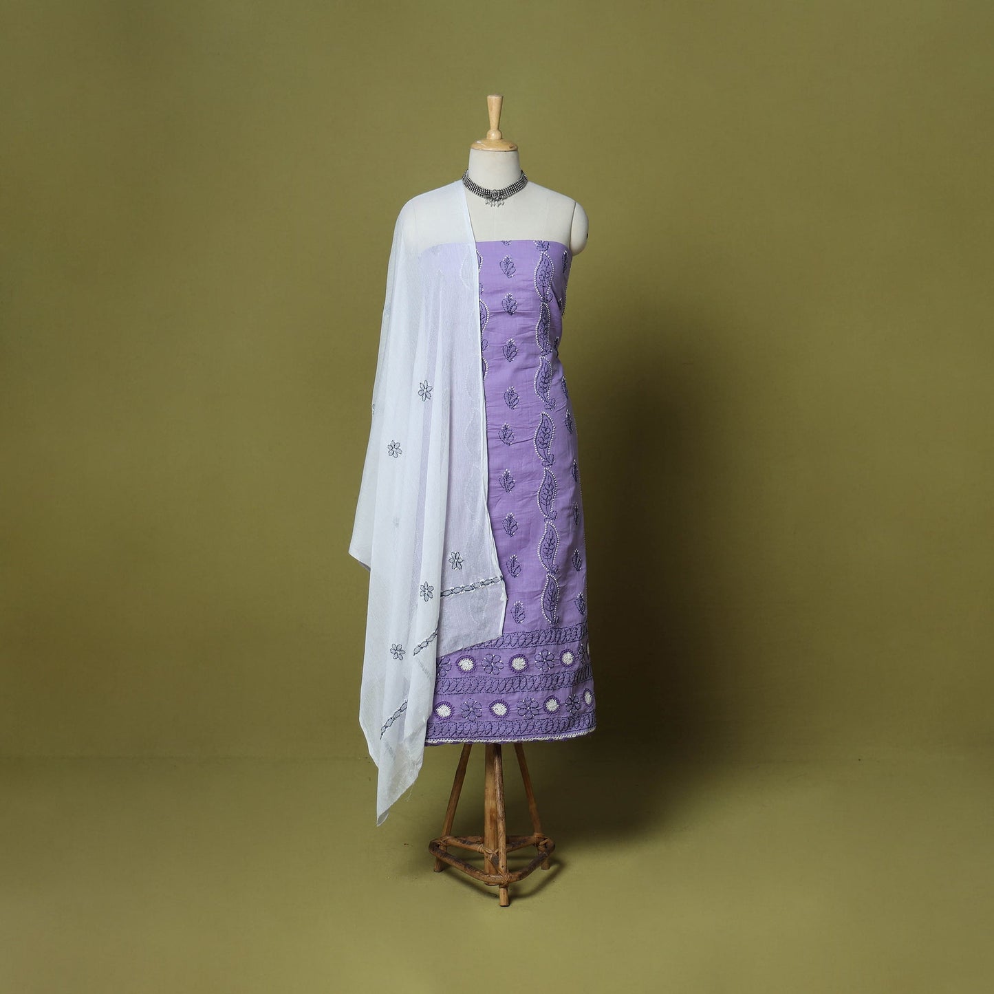 Purple - 3pc hand embroidery cotton lucknow chikankari