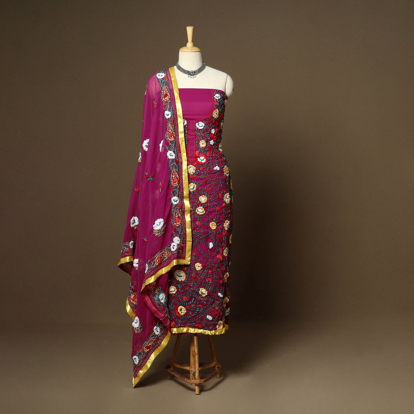 Purple - 3pc hand embroidery georgette unstitched phulkari