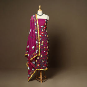Purple - 3pc hand embroidery georgette unstitched phulkari