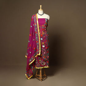 Purple - 3pc hand embroidery georgette unstitched phulkari