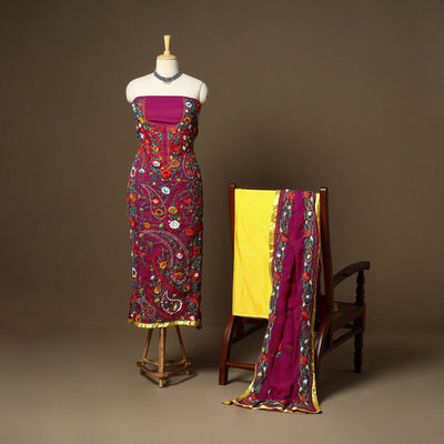 Purple - 3pc hand embroidery georgette unstitched phulkari