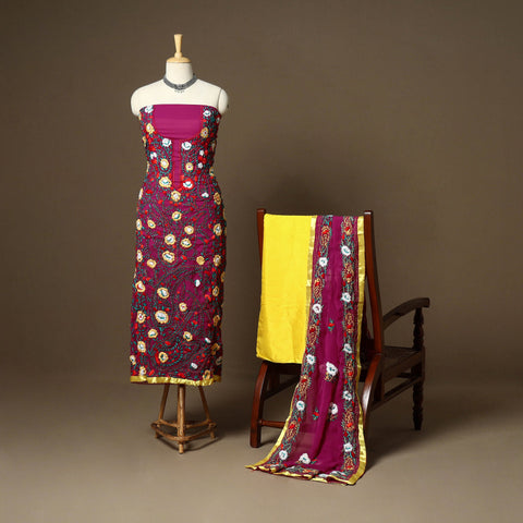 Purple - 3pc hand embroidery georgette unstitched phulkari