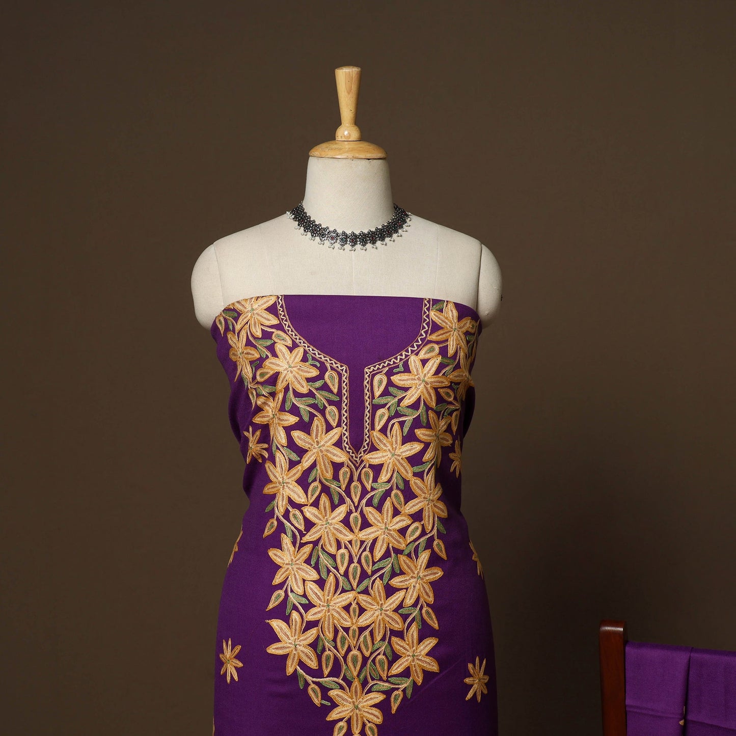 Purple - 3pc kashmiri merino wool unstitched sozni hand