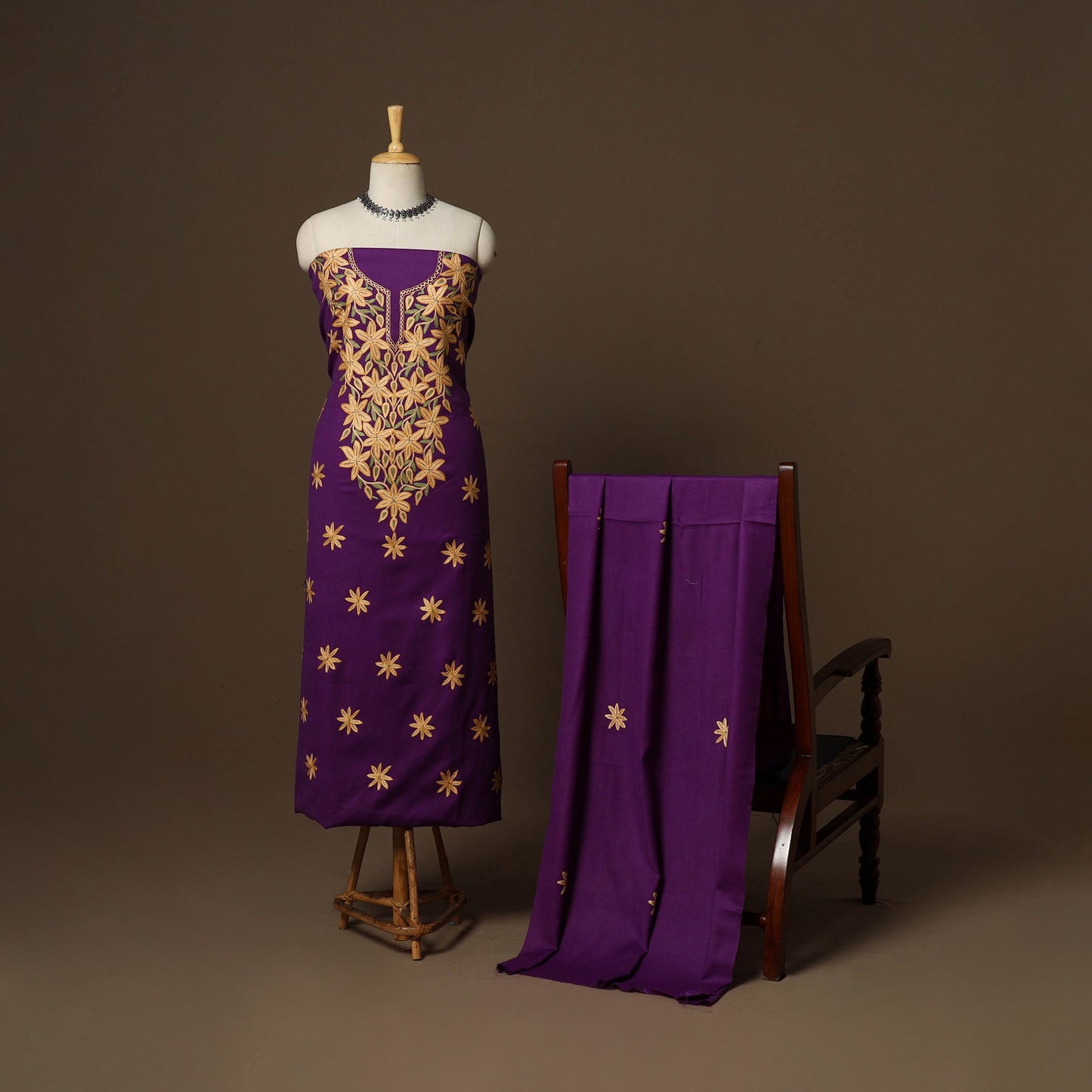 Purple - 3pc kashmiri merino wool unstitched sozni hand