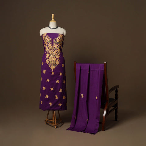 Purple - 3pc kashmiri merino wool unstitched sozni hand