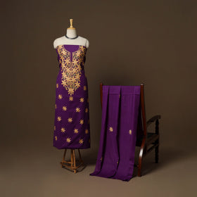 Purple - 3pc kashmiri merino wool unstitched sozni hand