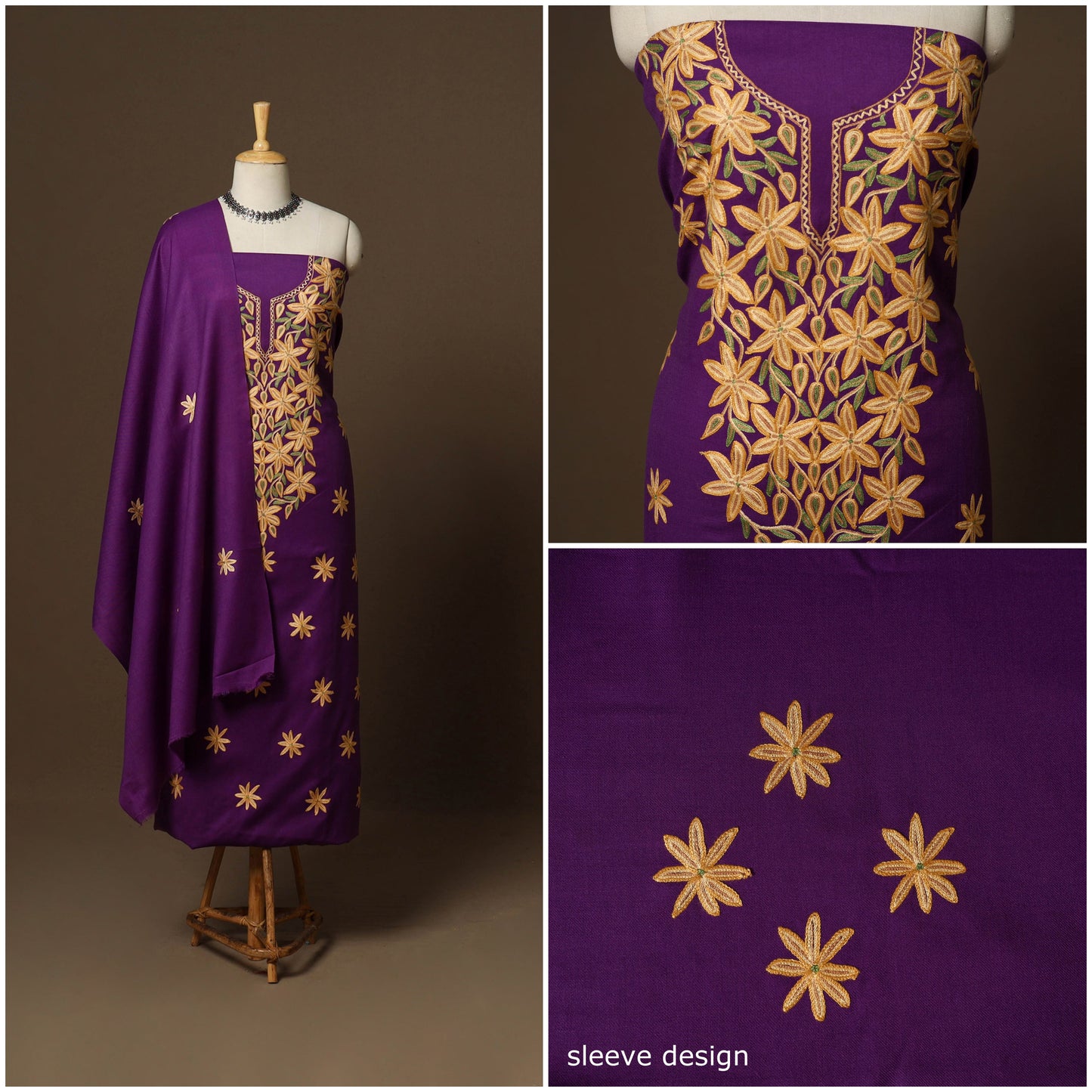 Purple - 3pc kashmiri merino wool unstitched sozni hand