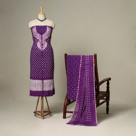 Purple - 3pc kutch tie-dye satin cotton unstitched bandhani