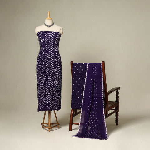 Purple - 3pc kutch tie-dye satin cotton unstitched bandhani