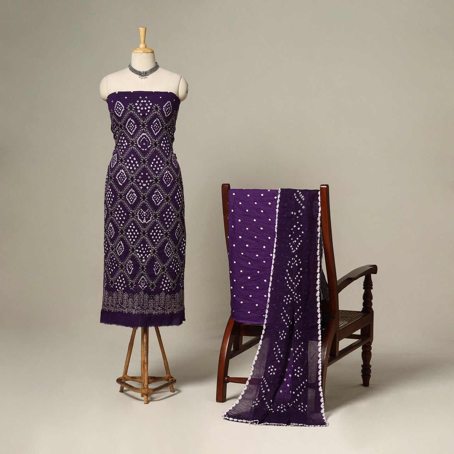 Purple - 3pc kutch tie-dye satin cotton unstitched bandhani