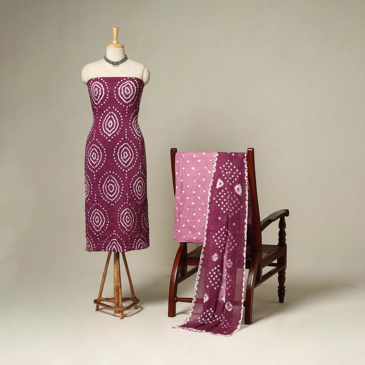 Purple - 3pc kutch tie-dye satin cotton unstitched bandhani