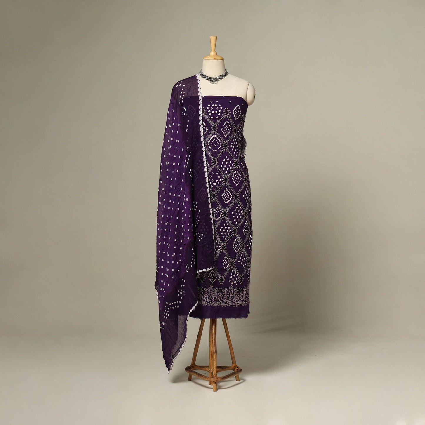 Purple - 3pc kutch tie-dye satin cotton unstitched bandhani