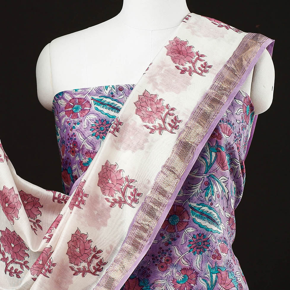  3pc Sanganeri Block Printed Maheshwari Silk Suit Material Set Online at iTokri.com