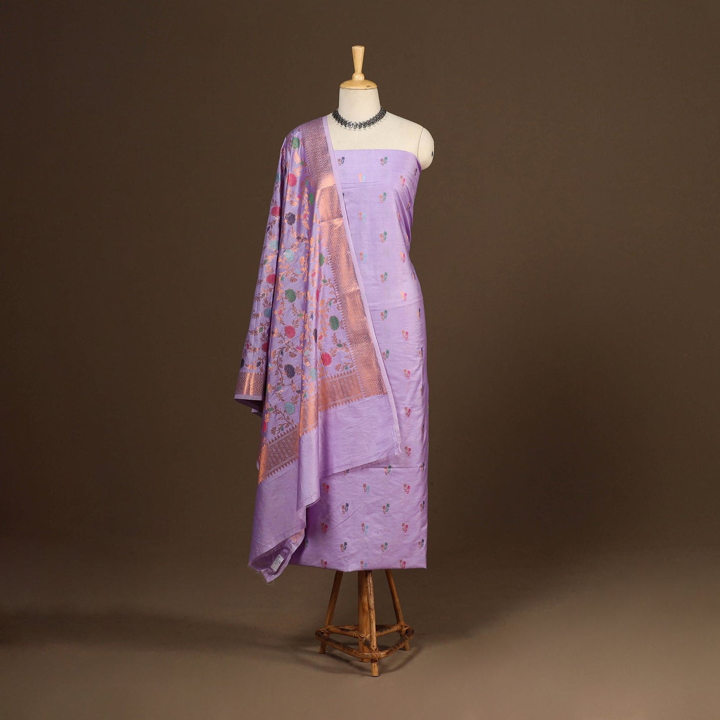 Purple - 3pc silk cotton meena weaving unstitched banarasi