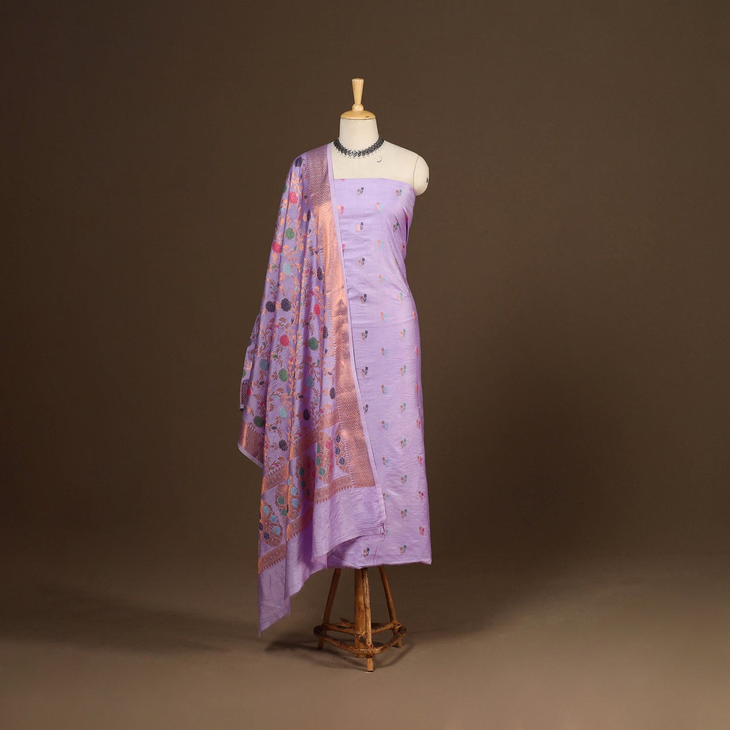 Purple - 3pc silk cotton meena weaving unstitched banarasi