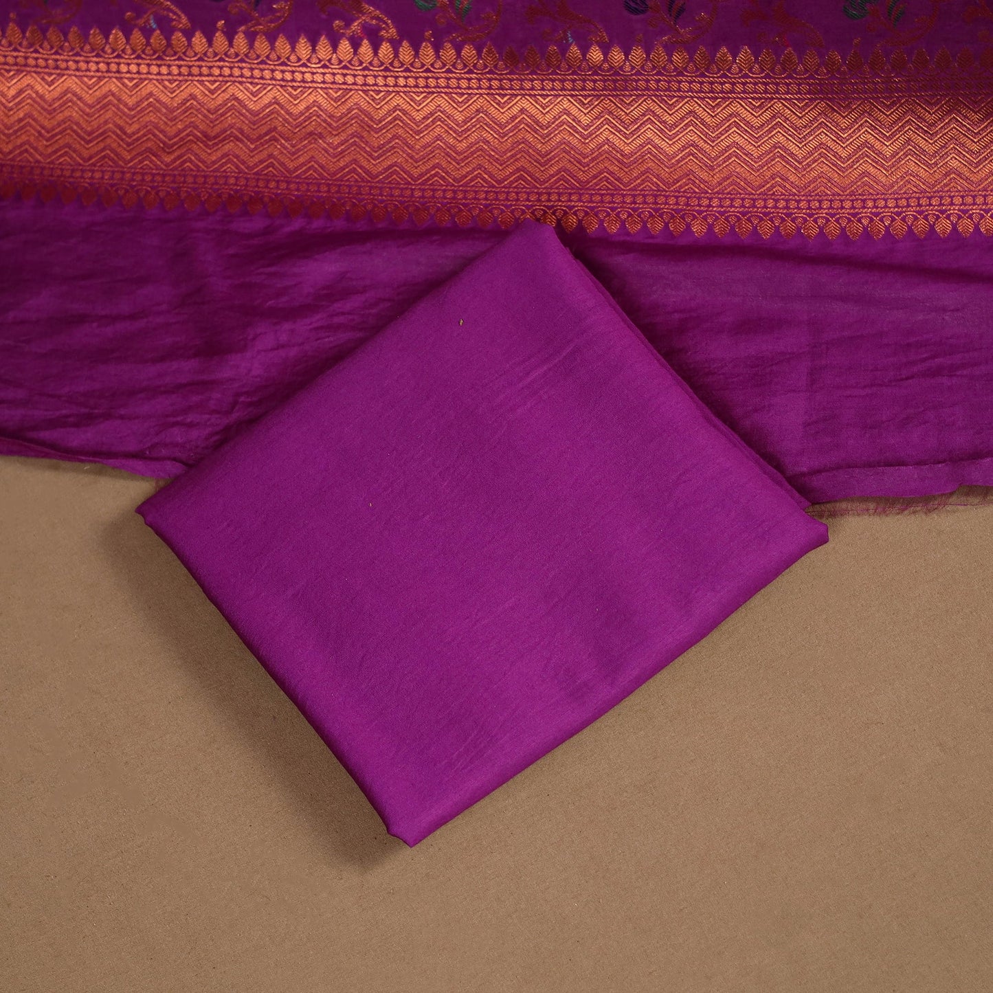 Purple - 3pc silk cotton meena weaving unstitched banarasi