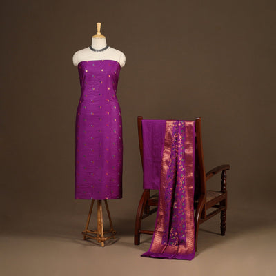 Purple - 3pc silk cotton meena weaving unstitched banarasi
