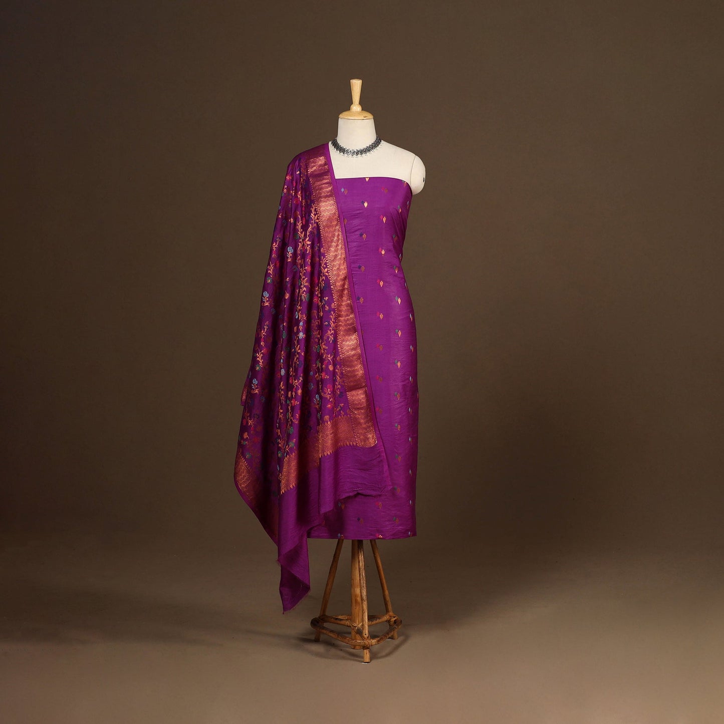 Purple - 3pc silk cotton meena weaving unstitched banarasi